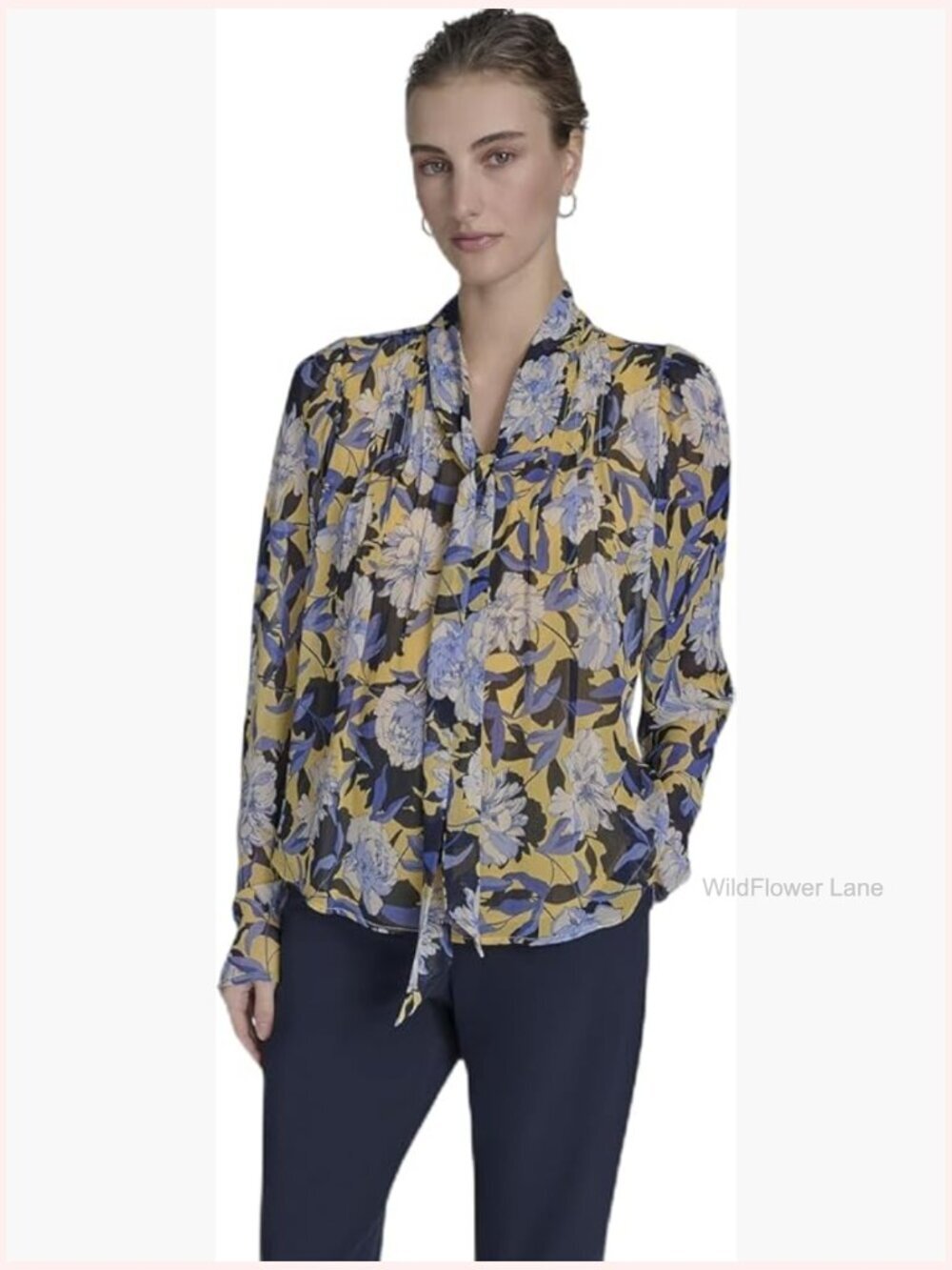 Long Sleeve Tie Neck Pleated Blouse - Women's Regular Fit Tops